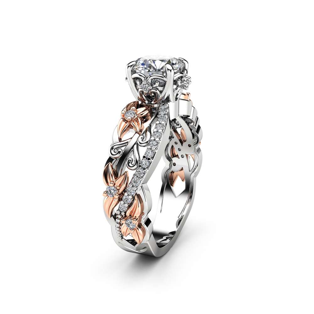 Floral Diamods Engagement Ring 14K Two Tone Gold Handmade Ring Moissanite Floral Ring with Diamonds Gift for Her