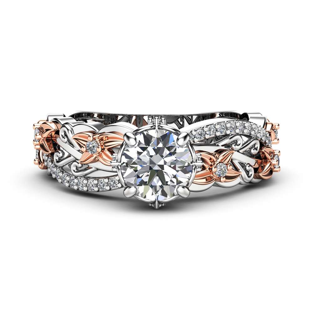 Floral Diamods Engagement Ring 14K Two Tone Gold Handmade Ring Moissanite Floral Ring with Diamonds Gift for Her