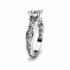 Unique Natural Diamond Engagement Ring 14K White Gold Engagement Ring Art Deco Bridal Ring Filigree Ring