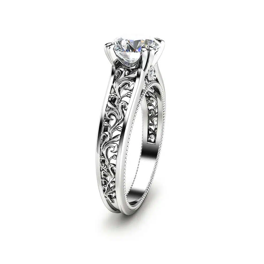 Unique Natural Diamond Engagement Ring 14K White Gold Engagement Ring Art Deco Bridal Ring Filigree Ring