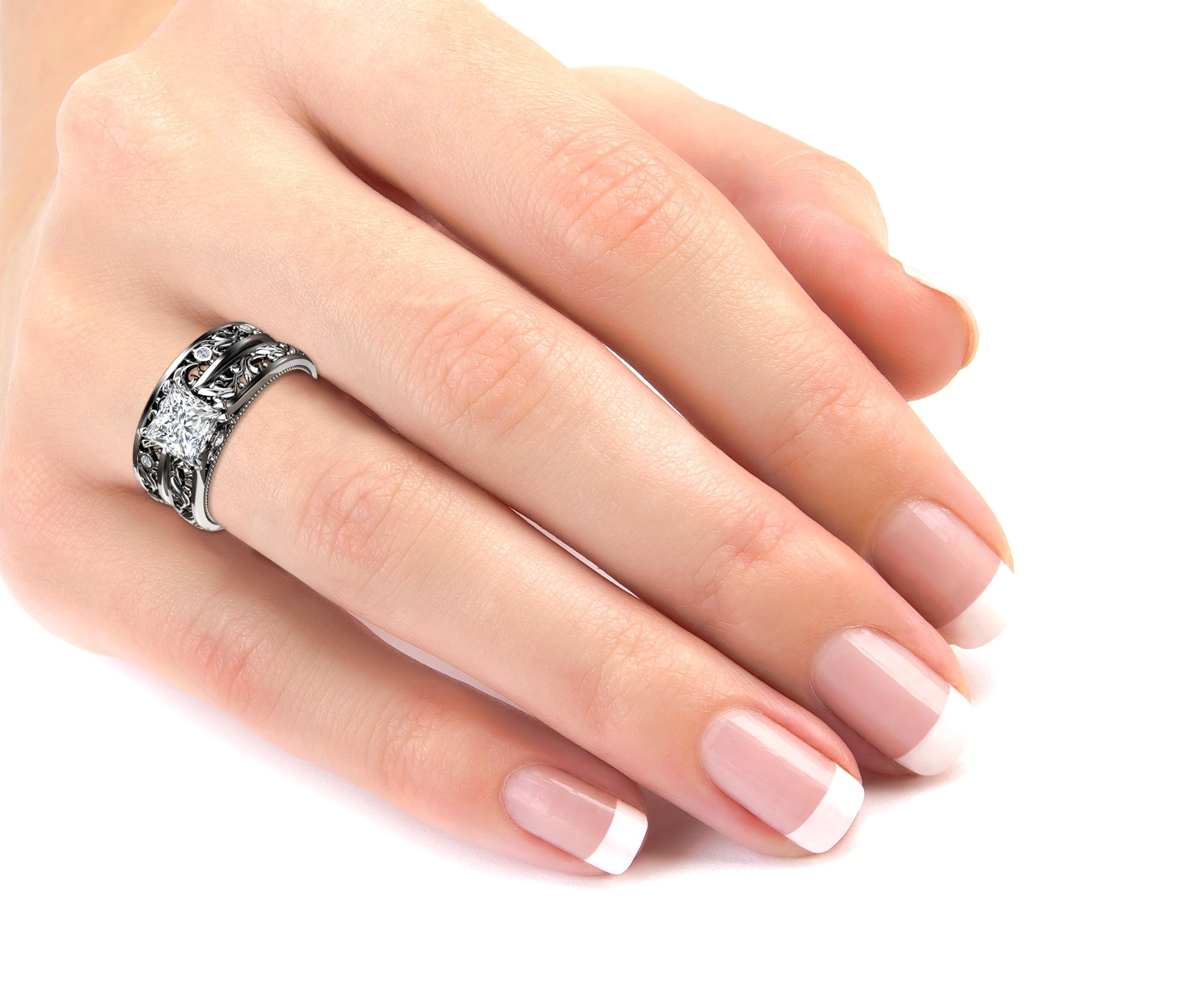 Princess Lab Diamond Bridal Set on Hand Vintage princess cut lab diamond bridal set worn on a woman's ring finger.