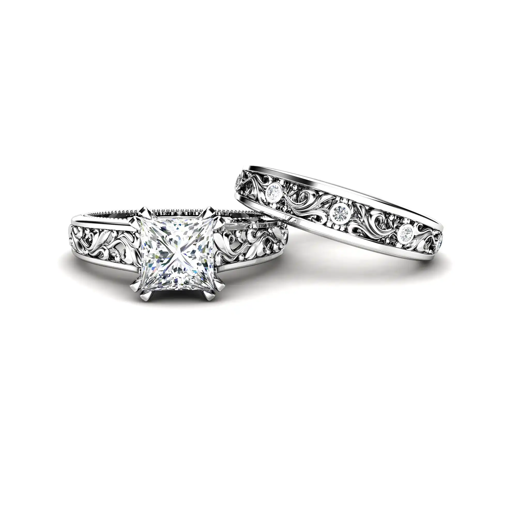 Separate View Art Deco Filigree Rings Separate view of a princess cut engagement ring and matching filigree wedding band.