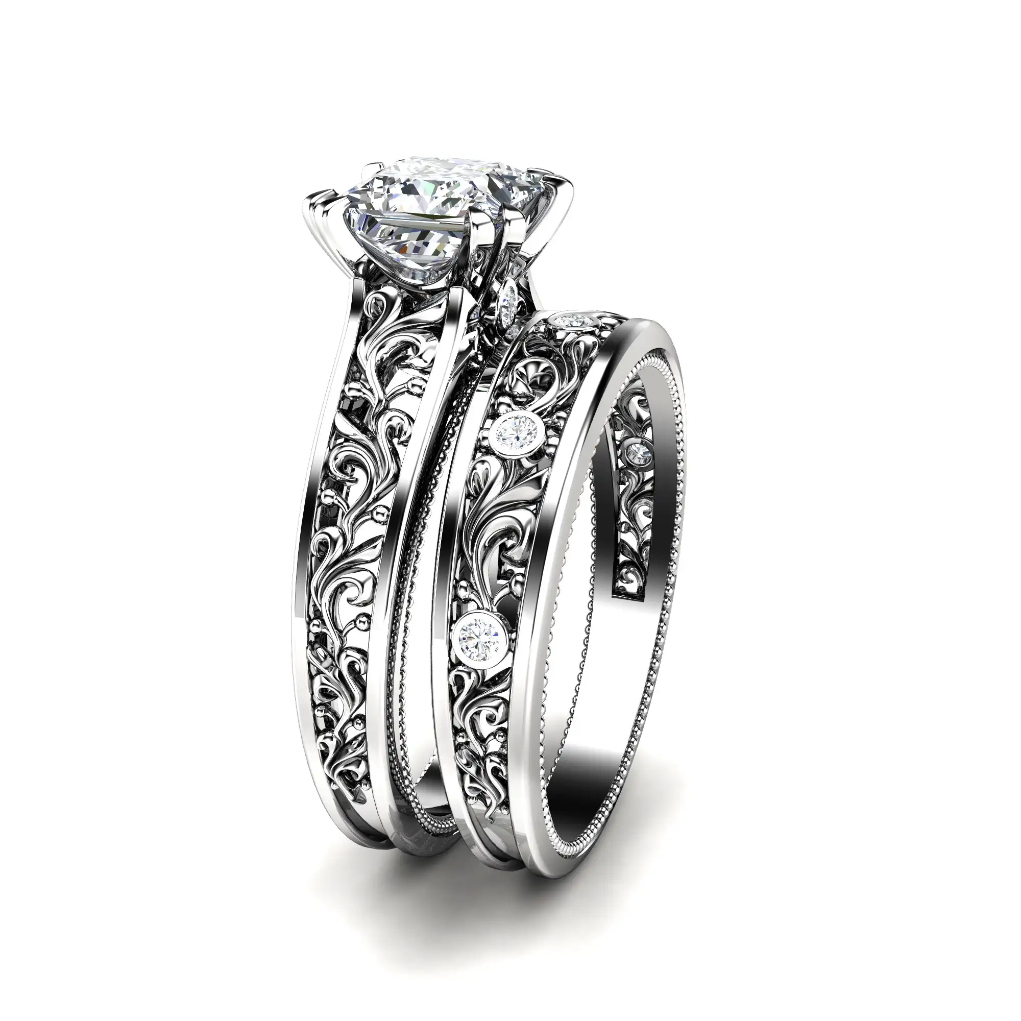 Princess Cut Lab Diamond Filigree Bridal Set A vintage-inspired bridal set with a princess cut lab diamond and intricate filigree scrollwork.