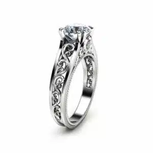 White Gold Moissanite Engagement Ring Milgrain Moissanite Ring Vintage Engagement Ring