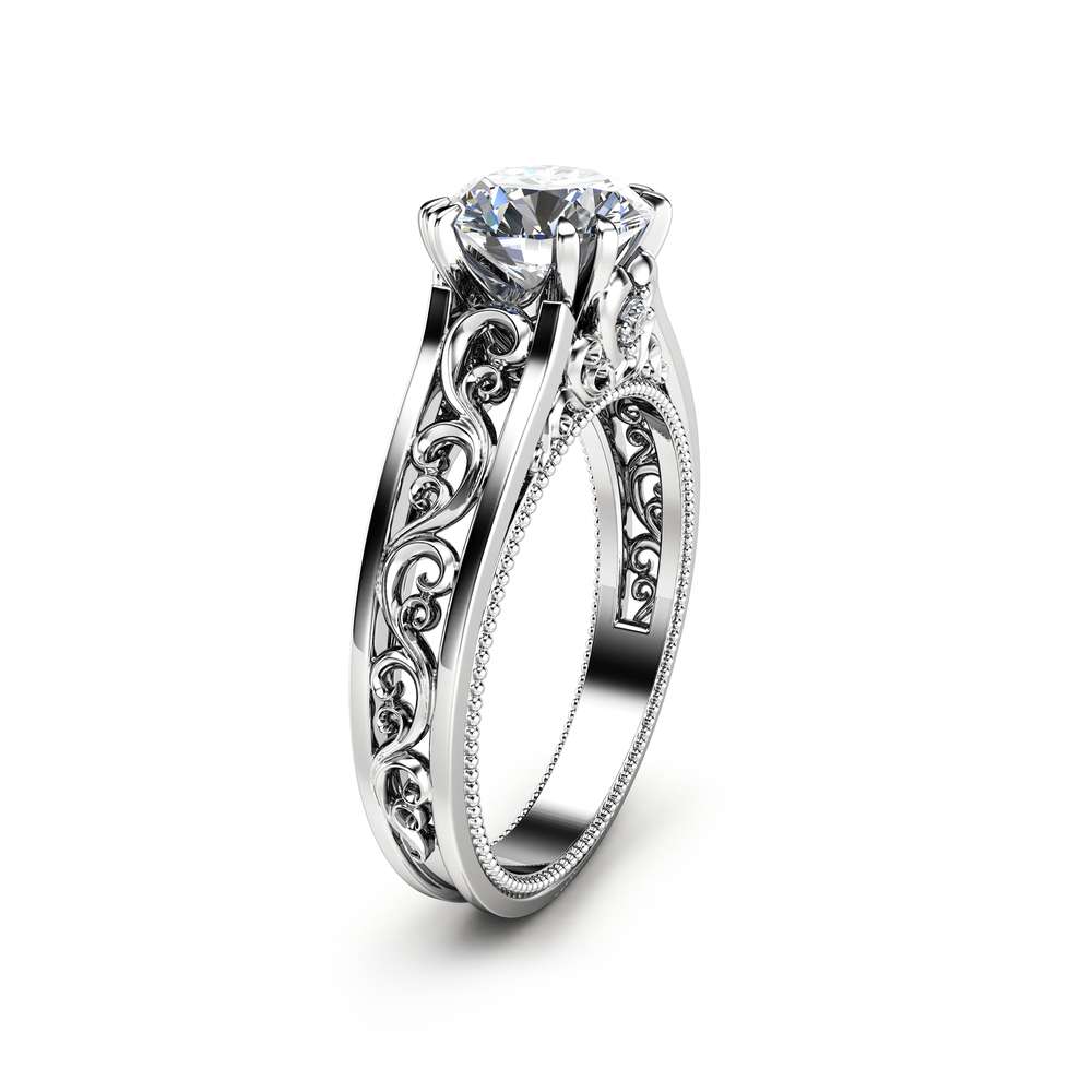 White Gold Moissanite Engagement Ring Milgrain Moissanite Ring Vintage Engagement Ring 4 White Gold Moissanite Engagement Ring Milgrain Moissanite Ring Vintage Engagement Ring