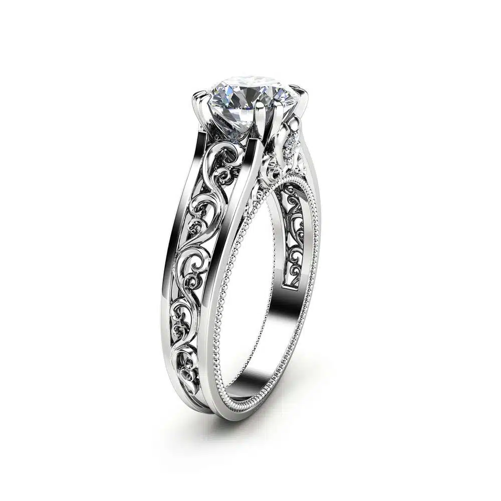 White Gold Moissanite Engagement Ring Milgrain Moissanite Ring Vintage Engagement Ring 4 White Gold Moissanite Engagement Ring Milgrain Moissanite Ring Vintage Engagement Ring