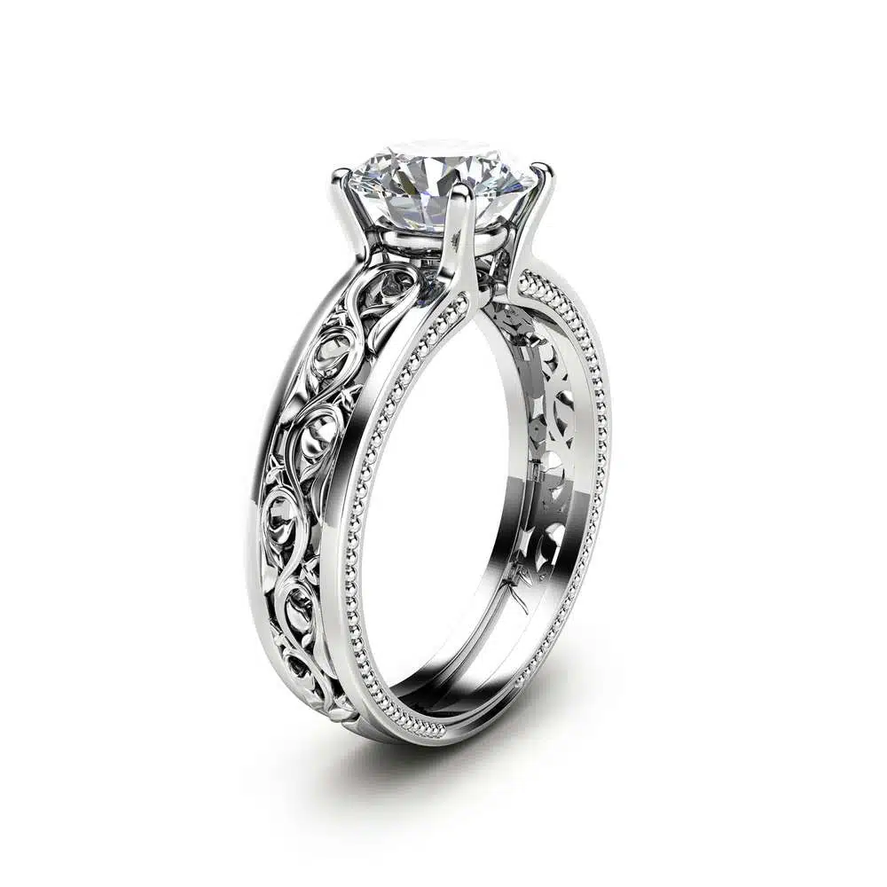 1 1.55ct Moissanite Engagement Ring Unique Filigree Engagement Ring 14K White Gold Moissanite Ring