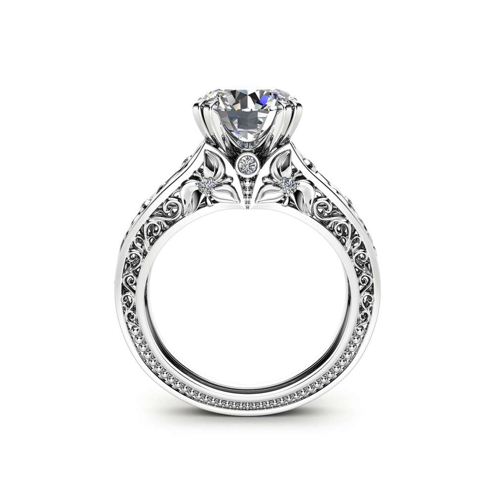Filigree Design Moissanite Engagement Ring Unique 2 Carat Moissanite Ring Solid 14K White Gold Ring Art  Deco Engagement Ring