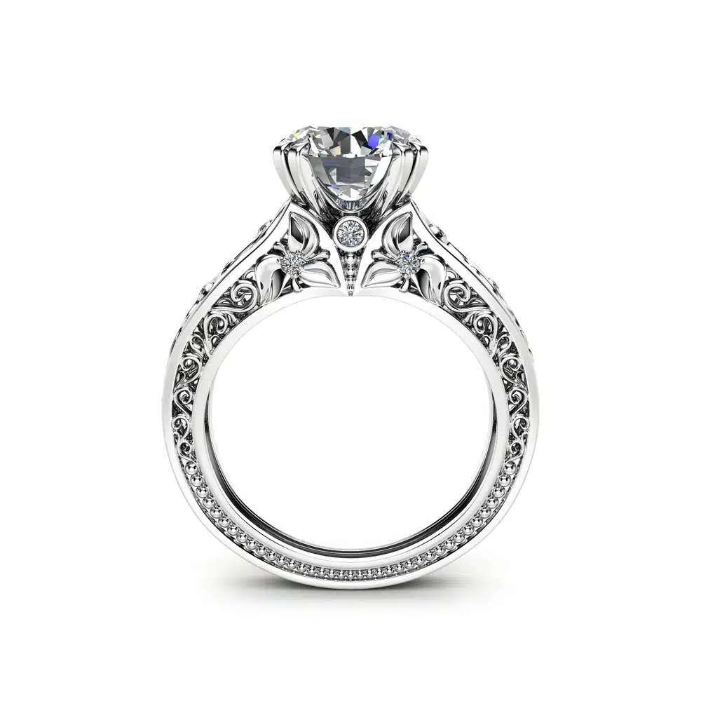 Filigree Design Moissanite Engagement Ring Unique 2 Carat Moissanite Ring Solid 14K White Gold Ring Art  Deco Engagement Ring
