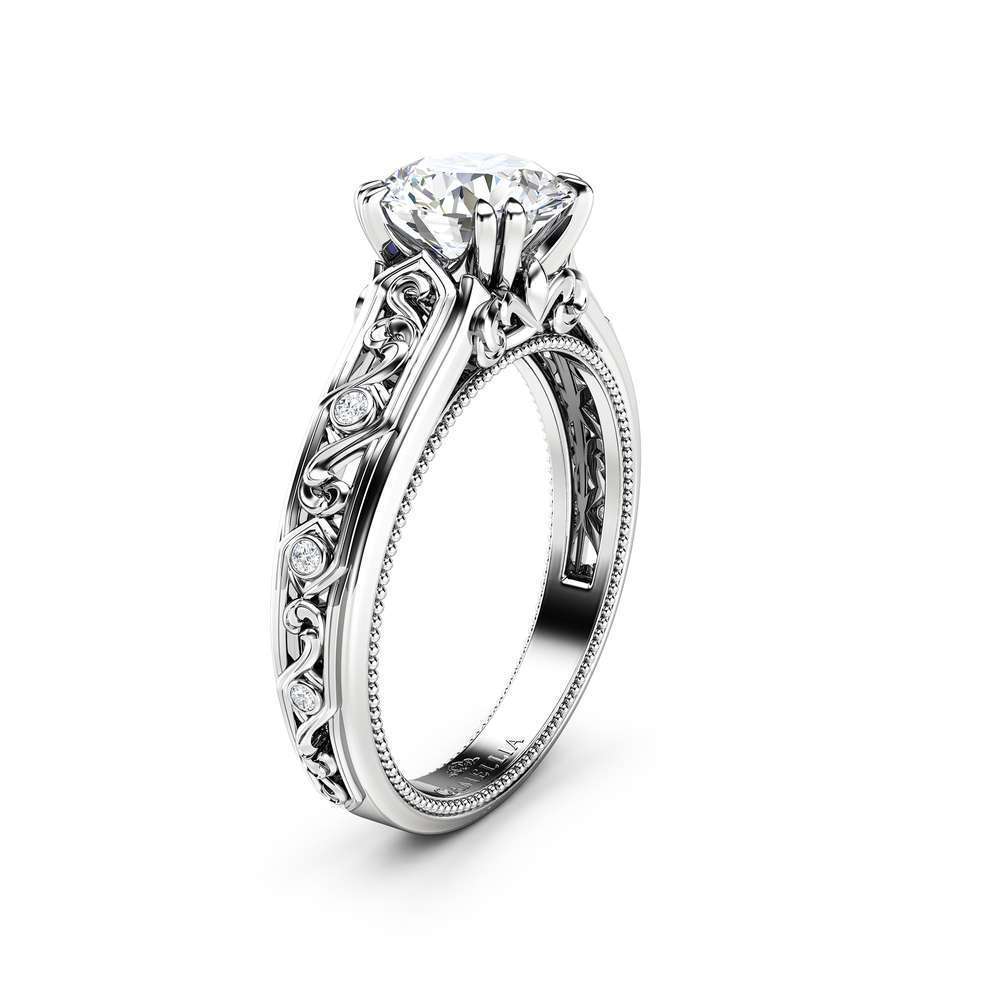 Moissanite Engagement Ring White Gold Ring Unique Art Deco Milgrain Engagement Ring 1 Moissanite Engagement Ring White Gold Ring Unique Art Deco Milgrain Engagement Ring