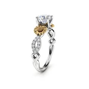 Natural Diamond 14K Gold Engagement Ring Two Sunflowers as Accent
