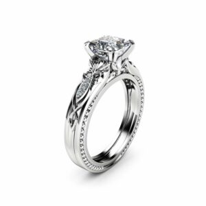 Victorian Moissanite Engagement Ring 14K White Gold Milgrain Ring Princess Moissanite Engagement Ring