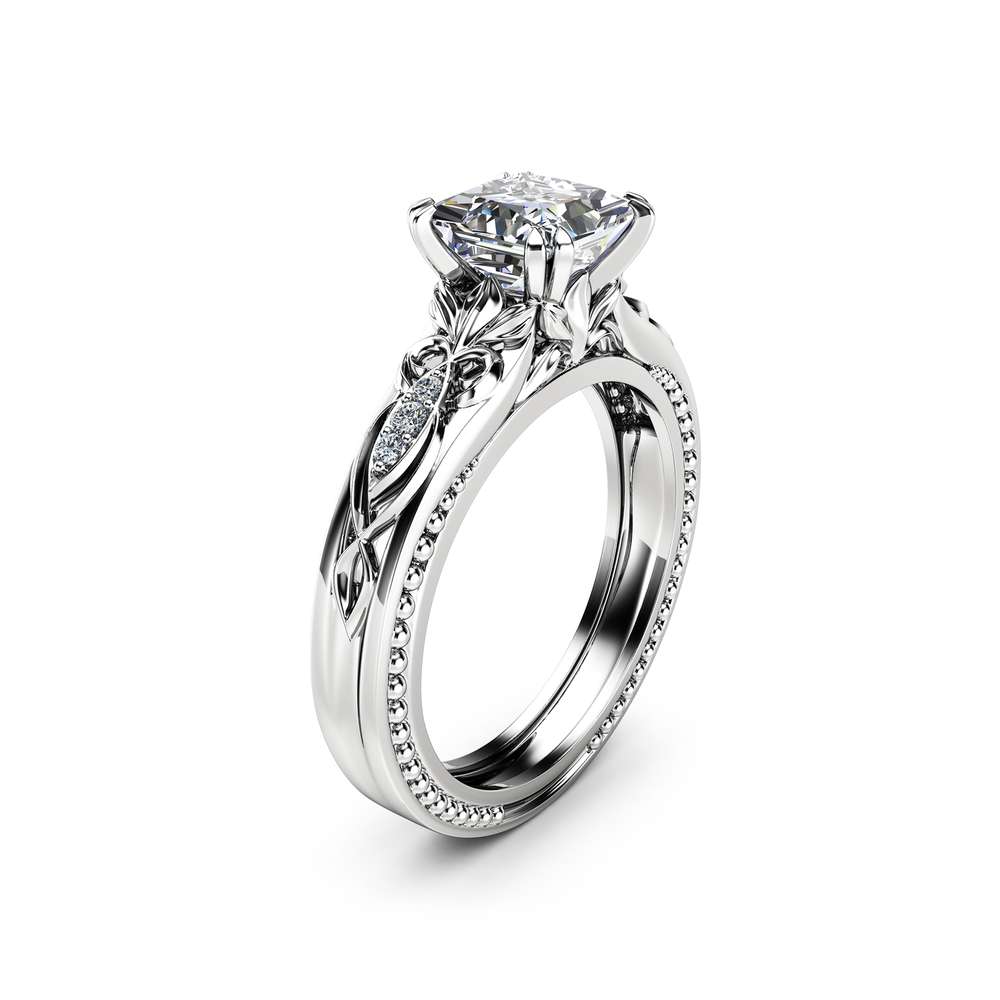 Victorian Moissanite Engagement Ring 14K White Gold Milgrain Ring Princess Moissanite Engagement Ring 1 Victorian Moissanite Engagement Ring 14K White Gold Milgrain Ring Princess Moissanite Engagement Ring