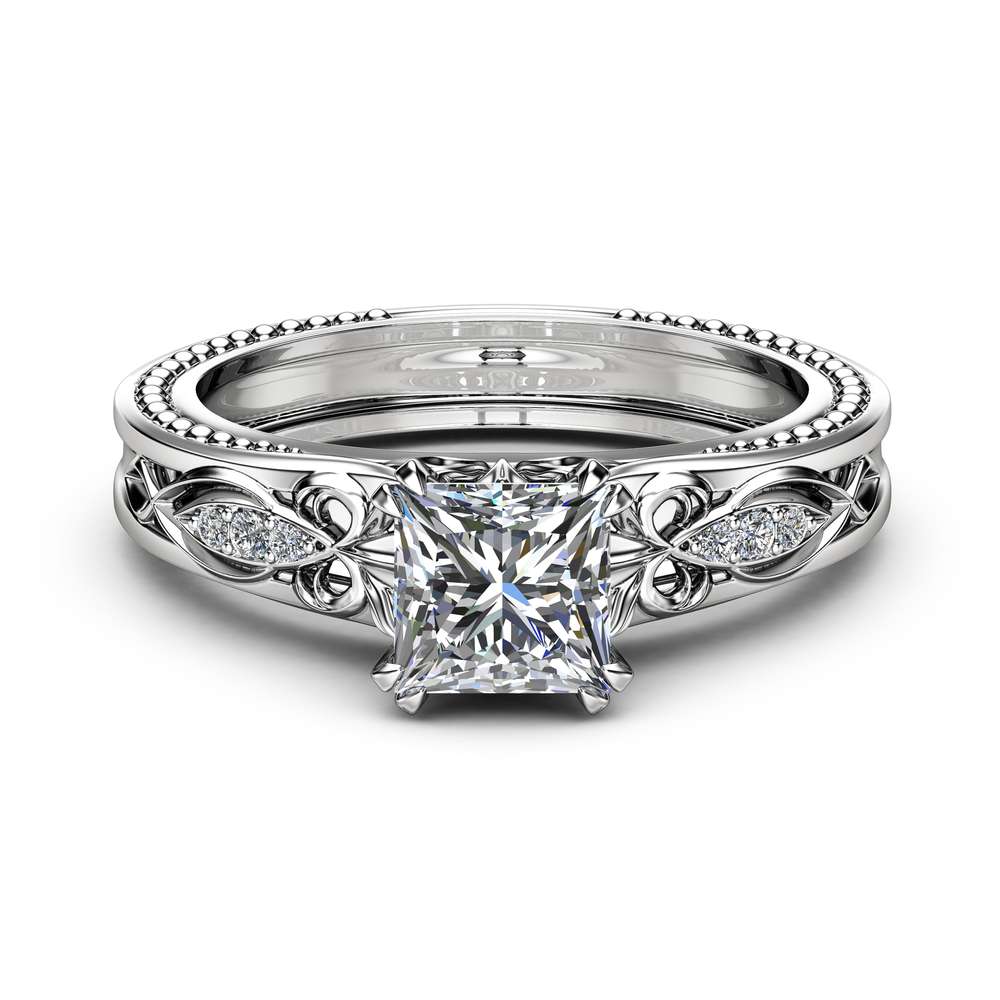 Victorian Moissanite Engagement Ring 14K White Gold Milgrain Ring Princess Moissanite Engagement Ring 2 Victorian Moissanite Engagement Ring 14K White Gold Milgrain Ring Princess Moissanite Engagement Ring