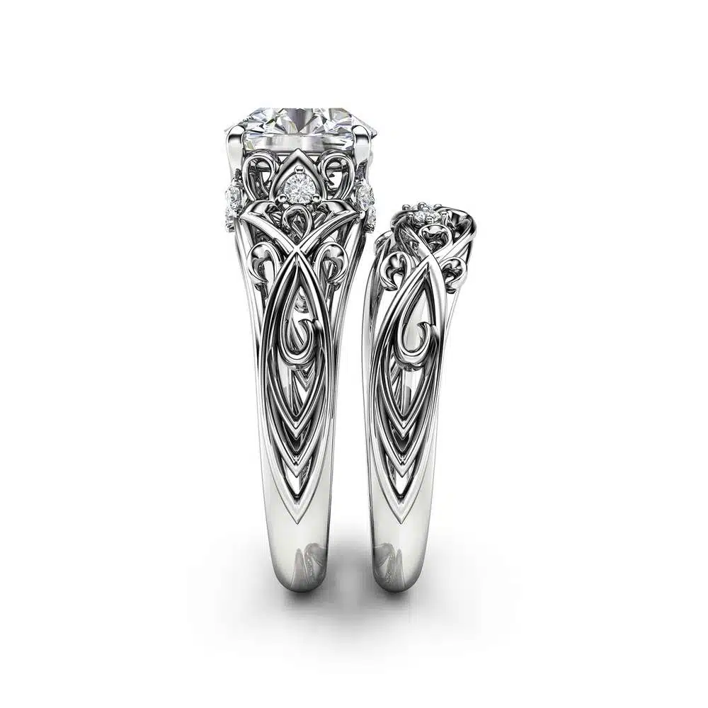 2 Carat Moissanite Engagement Ring Set 14K White Gold Engagement Rings Unique Art Deco Design Ring Set