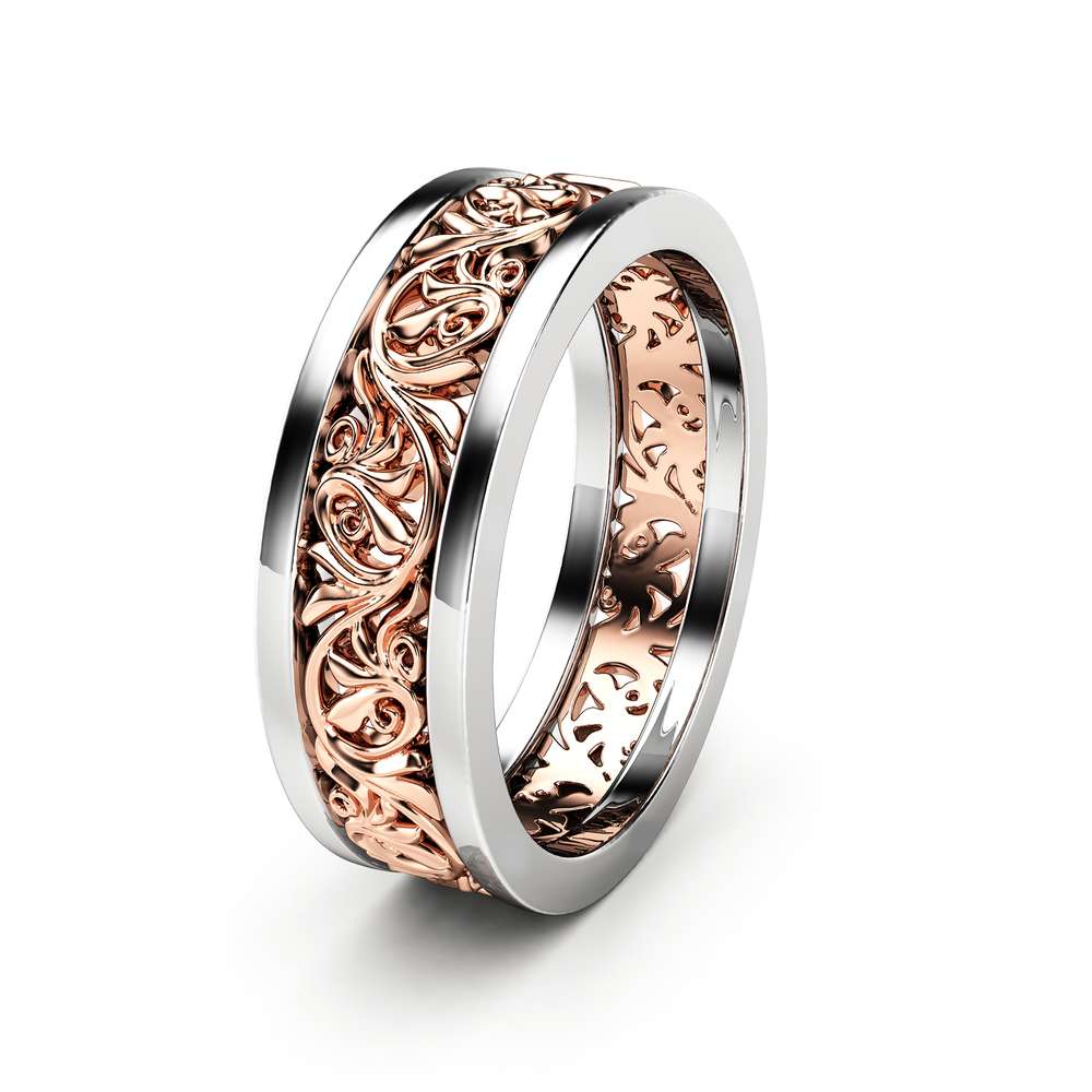 Unisex Wedding Band Unique 14K Two Tone Gold Ring Unique Wedding Band Ring For Him For Her 1 Unisex Wedding Band Unique 14K Two Tone Gold Ring Unique Wedding Band Ring For Him For Her