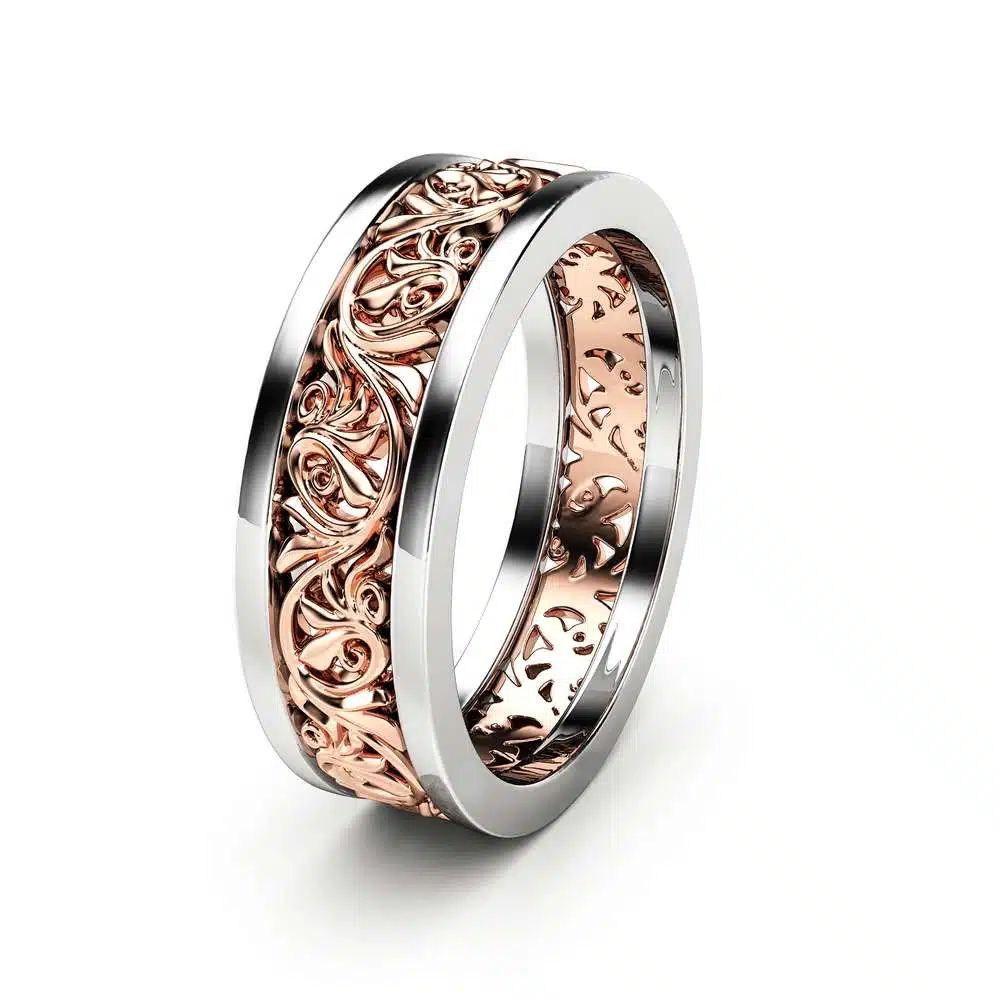Unisex Wedding Band Unique 14K Two Tone Gold Ring Unique Wedding Band Ring For Him For Her