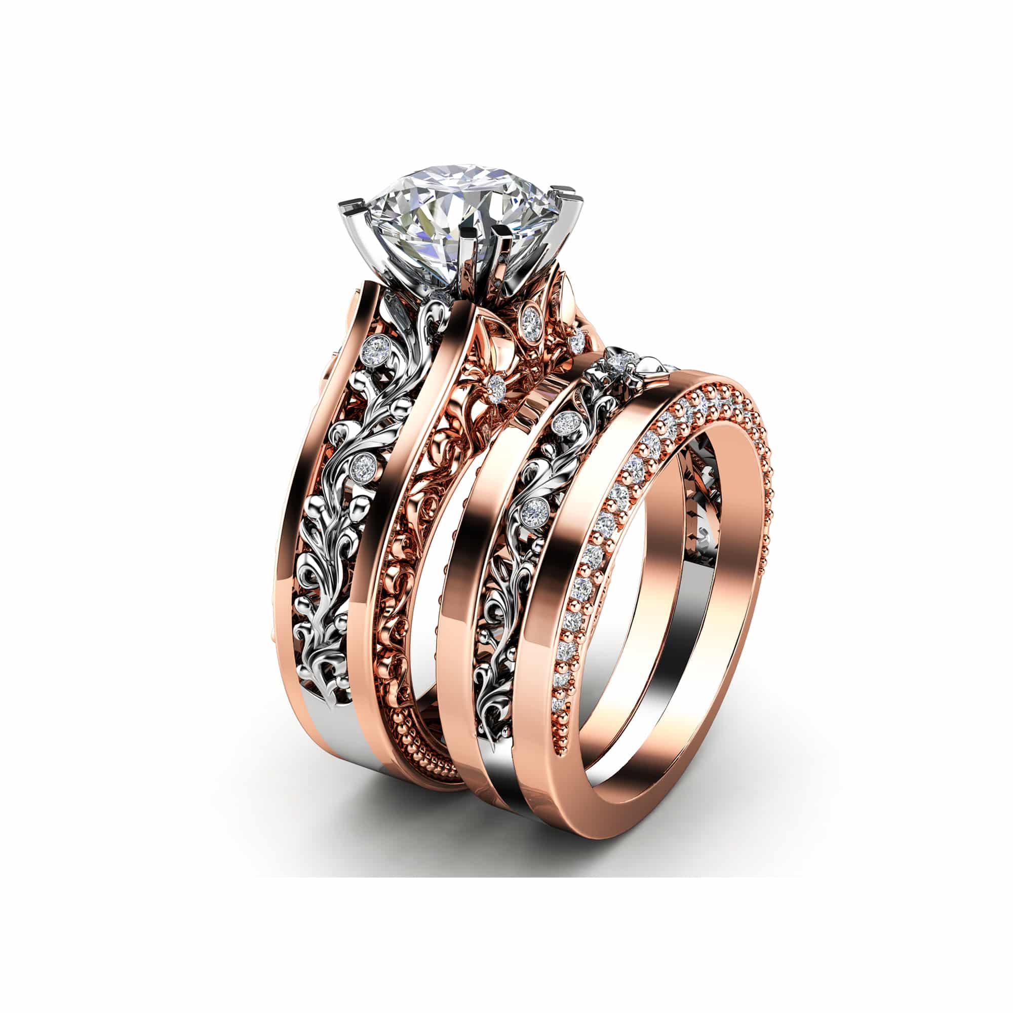 Two Tone Art Deco Moissanite Bridal Set A unique Art Deco Moissanite bridal set in mixed gold featuring a crown setting and filigree scrollwork.