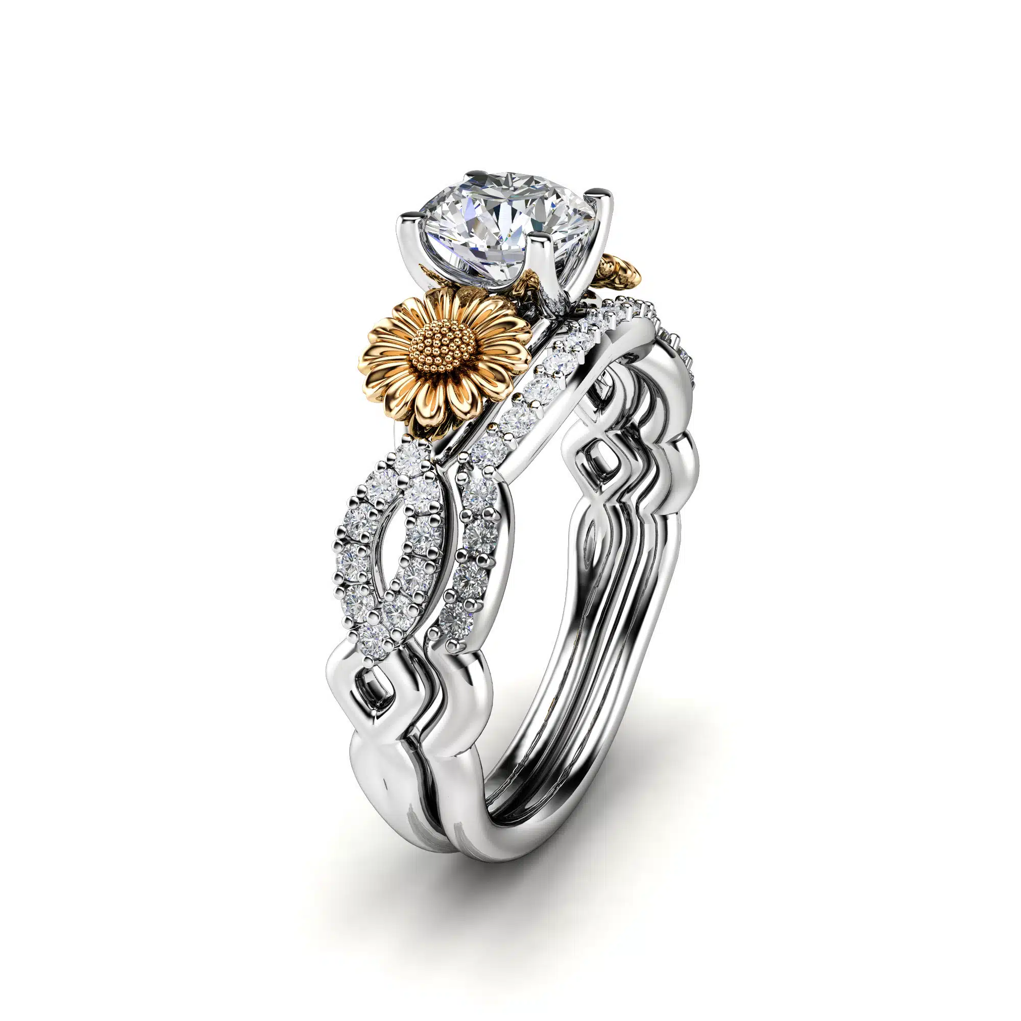 Sunflower engagement ring with matching band