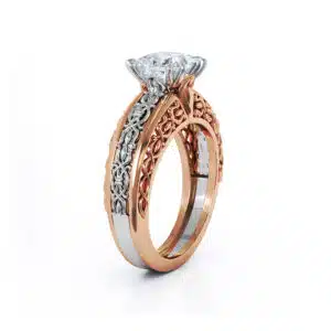 Two-tone Celtic ring at three-quarter angle, princess-cut moissanite above rose gold filigree banded in white gold