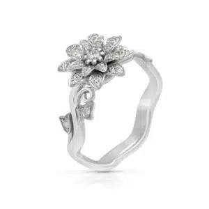 Unique Lotus Flower Design Engagement Ring Unique Handmade 14K White Gold Ring Promise Floral Ring Morning Dew Collection