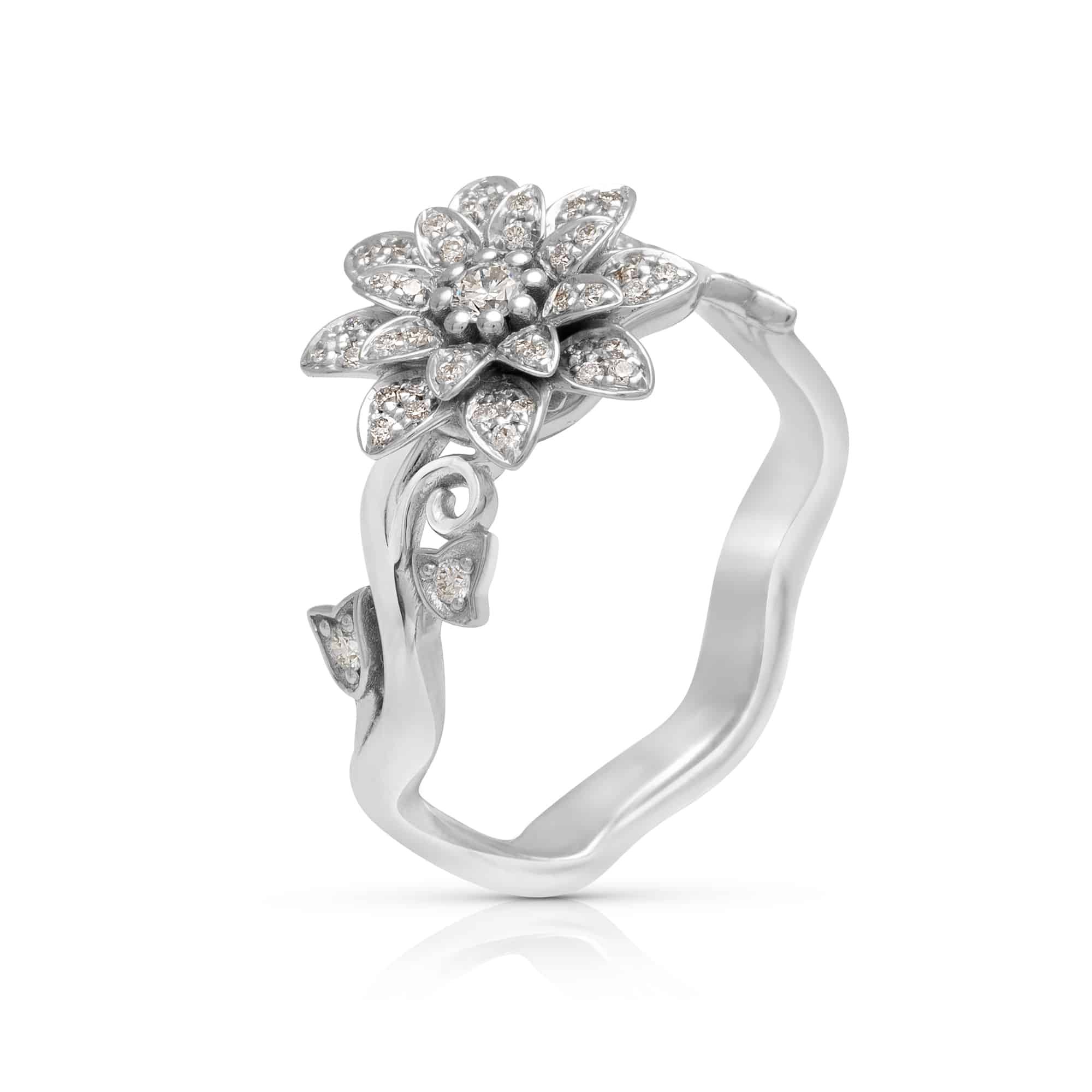 Unique Flower Rings Unique Lotus Flower Design Engagement Ring Unique Handmade 14K White ...