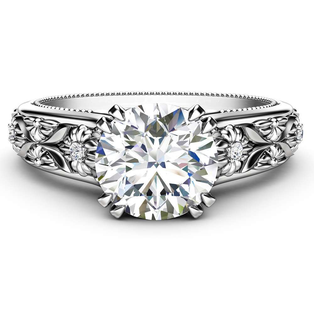Filigree Flowers Moissanite Engagement Ring 14K White Gold Ring Unique Floral Ring Anniversary Gift