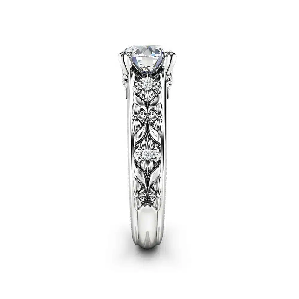 Filigree Flowers Moissanite Engagement Ring 14K White Gold Ring Unique Floral Ring Anniversary Gift