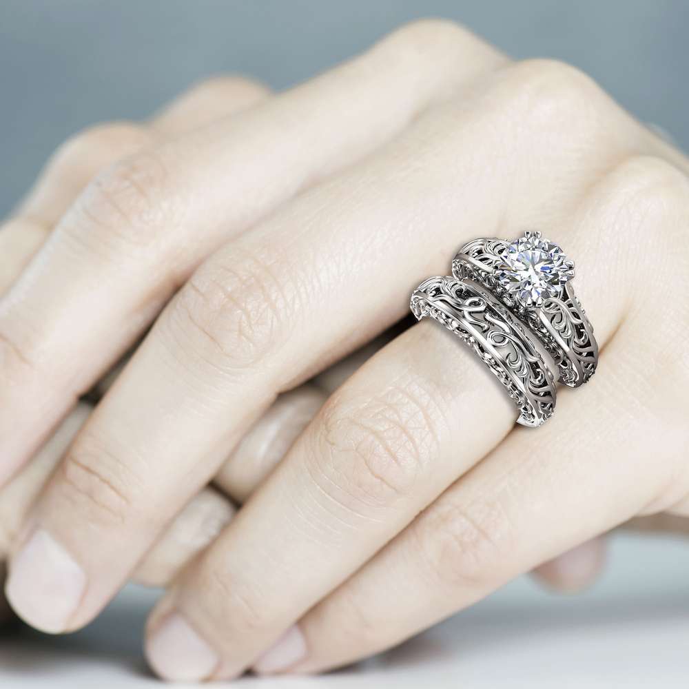 KT-0041D Vintage 2 Carat Moissanite Engagement Ring Set Art Deco Ring Bridal Rings