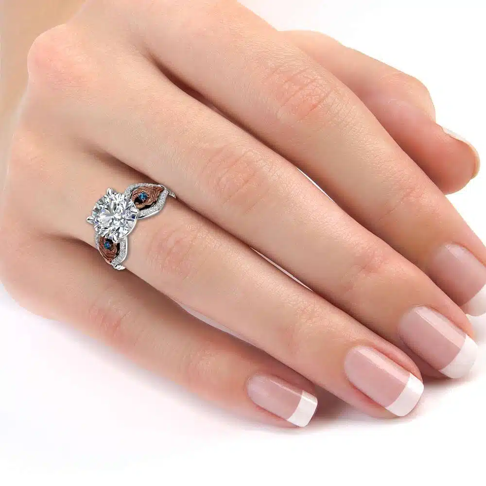 Peacock Inspired Unique Ring Moissanite Feather Gold Ring 14K Two Tone Gold Peacock Ring