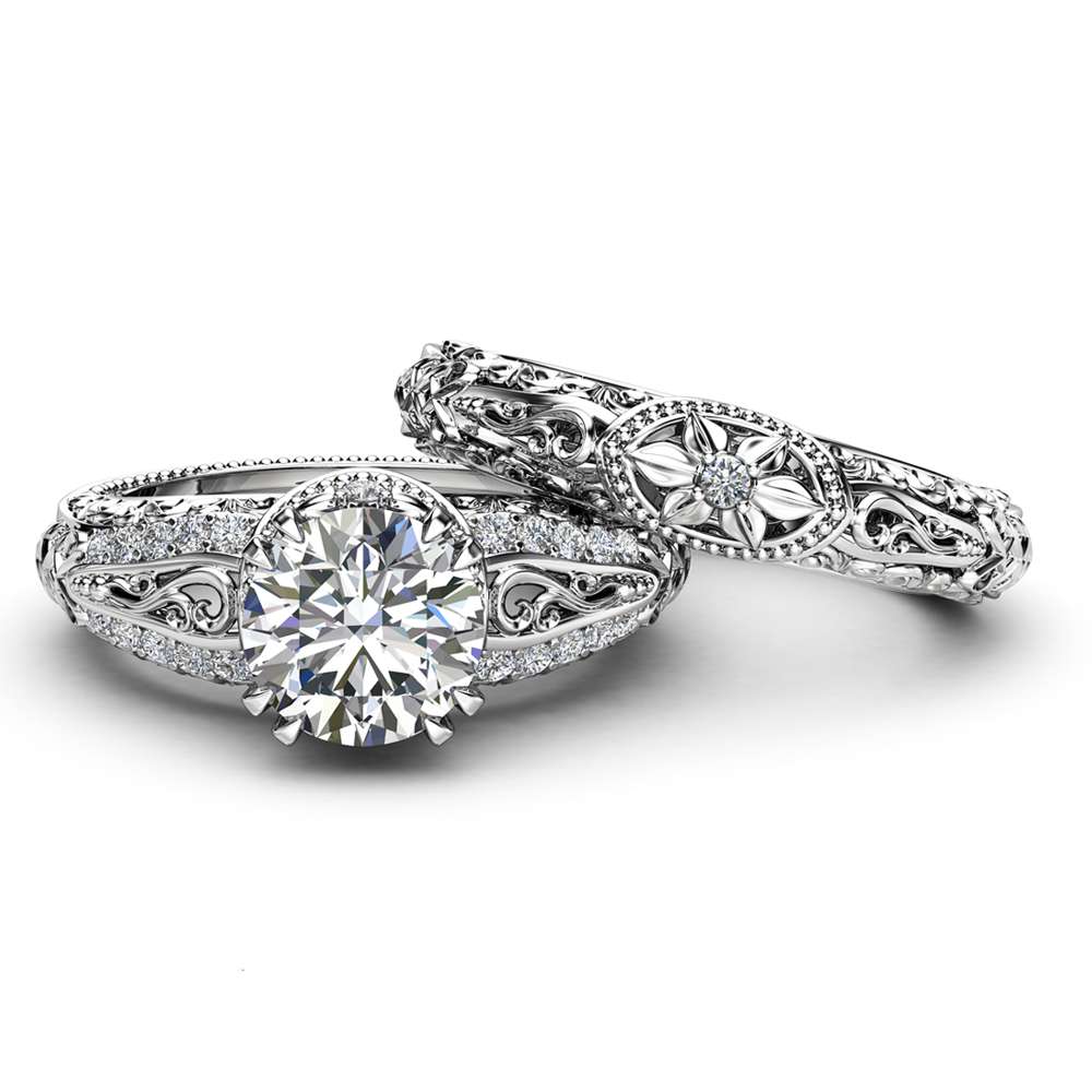 Unique Moissanite Engagement Rings 14K White Gold Ring Set 2Ct Unique Moissanite Engagement Rings 14K White Gold Ring Set 2Ct. Moissanite Rings Unique Art Deco Bridal Ring Set
