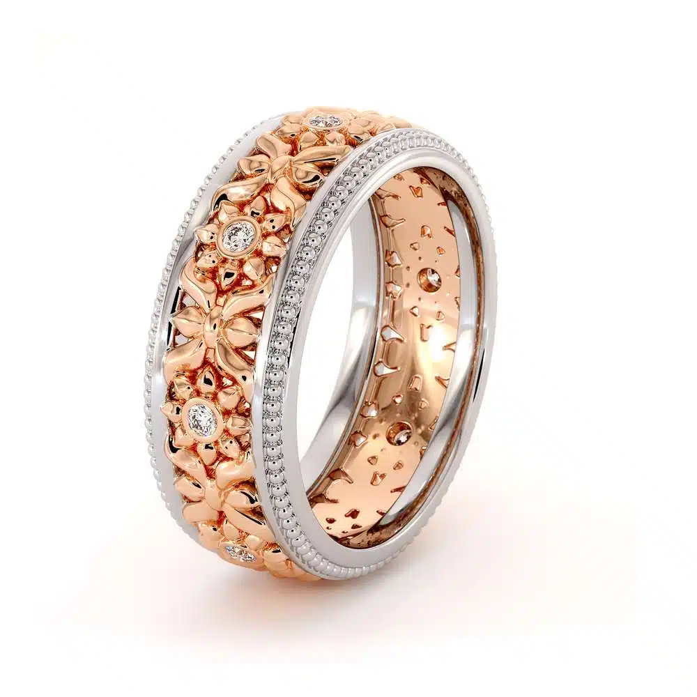 14K Two Tone Wedding Ring Diamonds Wedding Band Women's Rose & White Gold Wedding Band