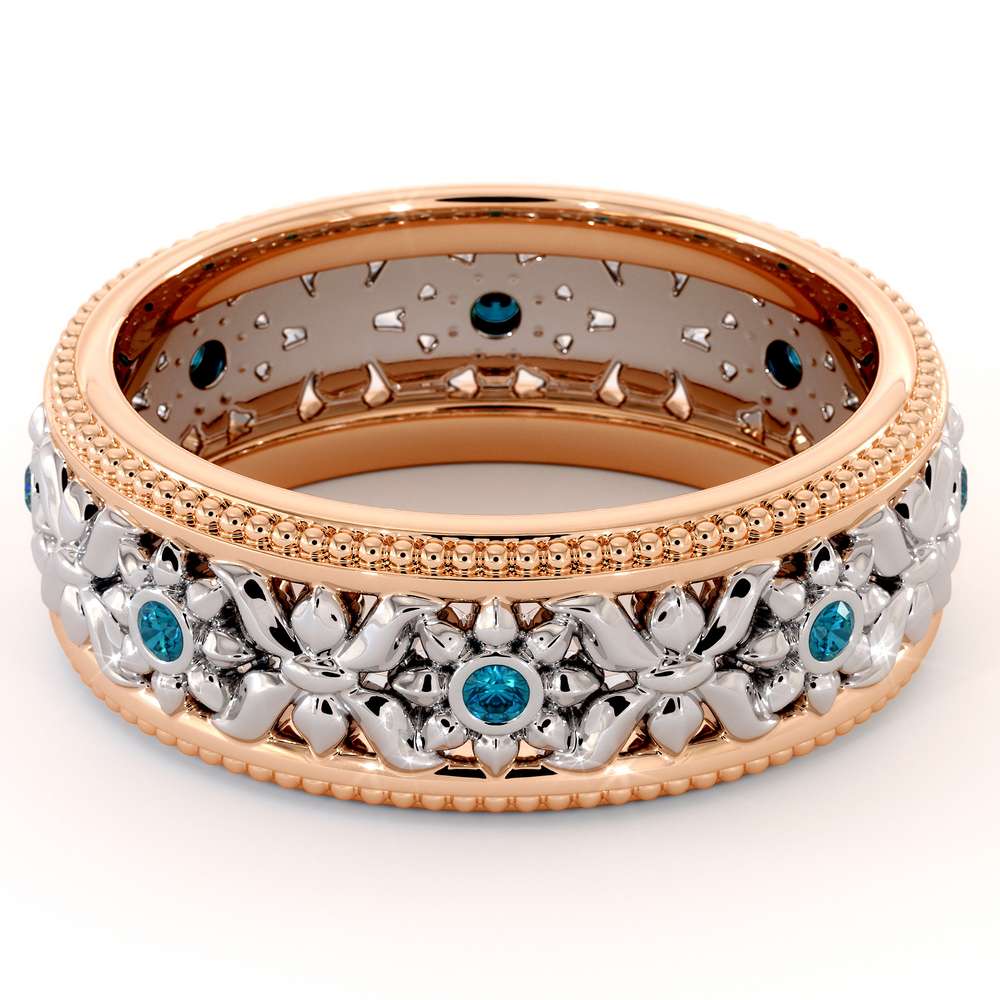 14K Two Tone Wedding Ring Blue Diamonds Wedding Band Women's Rose & White Gold Wedding Band