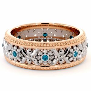 14K Two Tone Wedding Ring Blue Diamonds Wedding Band Women's Rose & White Gold Wedding Band