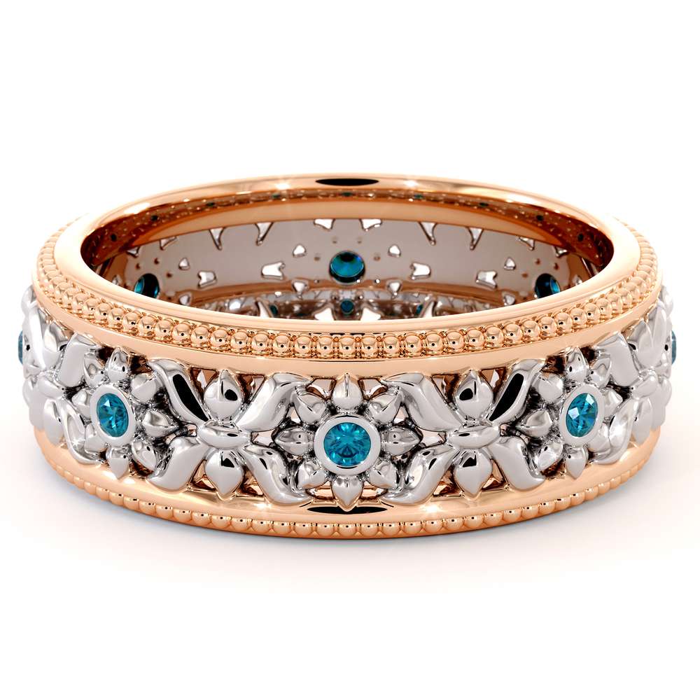 14K Two Tone Wedding Ring Blue Diamonds Wedding Band Women's Rose & White Gold Wedding Band