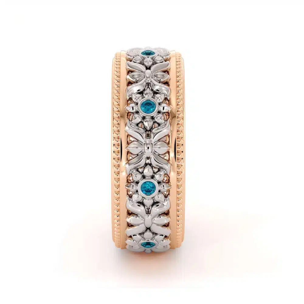 14K Two Tone Wedding Ring Blue Diamonds Wedding Band Women's Rose & White Gold Wedding Band