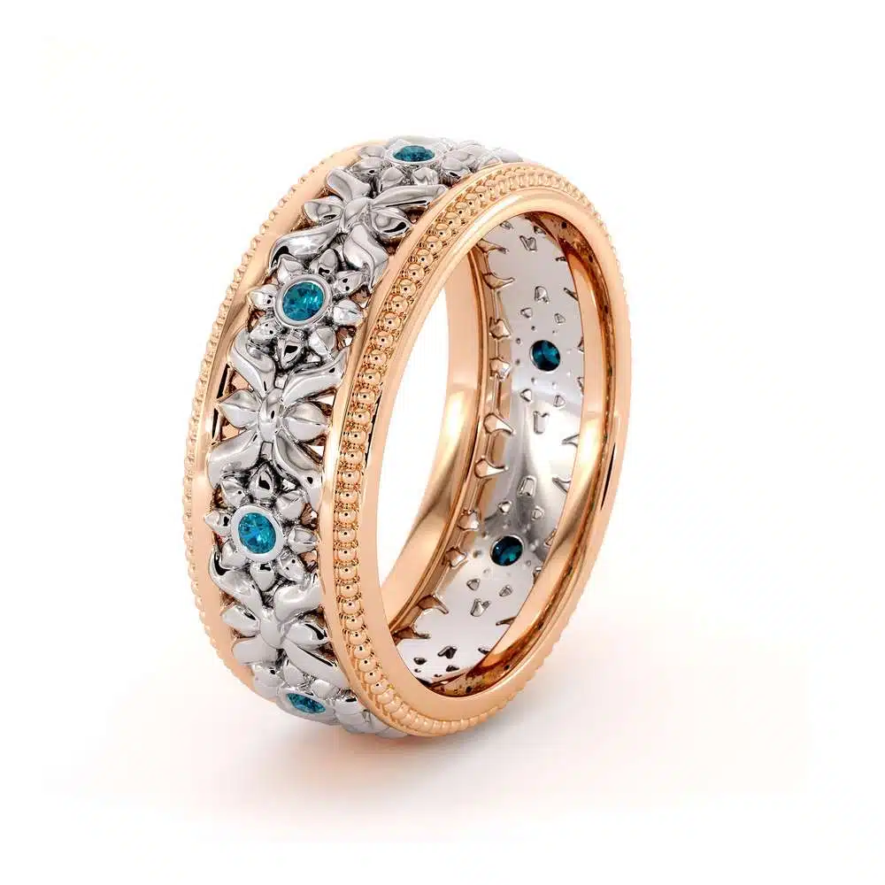 14K Two Tone Wedding Ring Blue Diamonds Wedding Band Women's Rose & White Gold Wedding Band