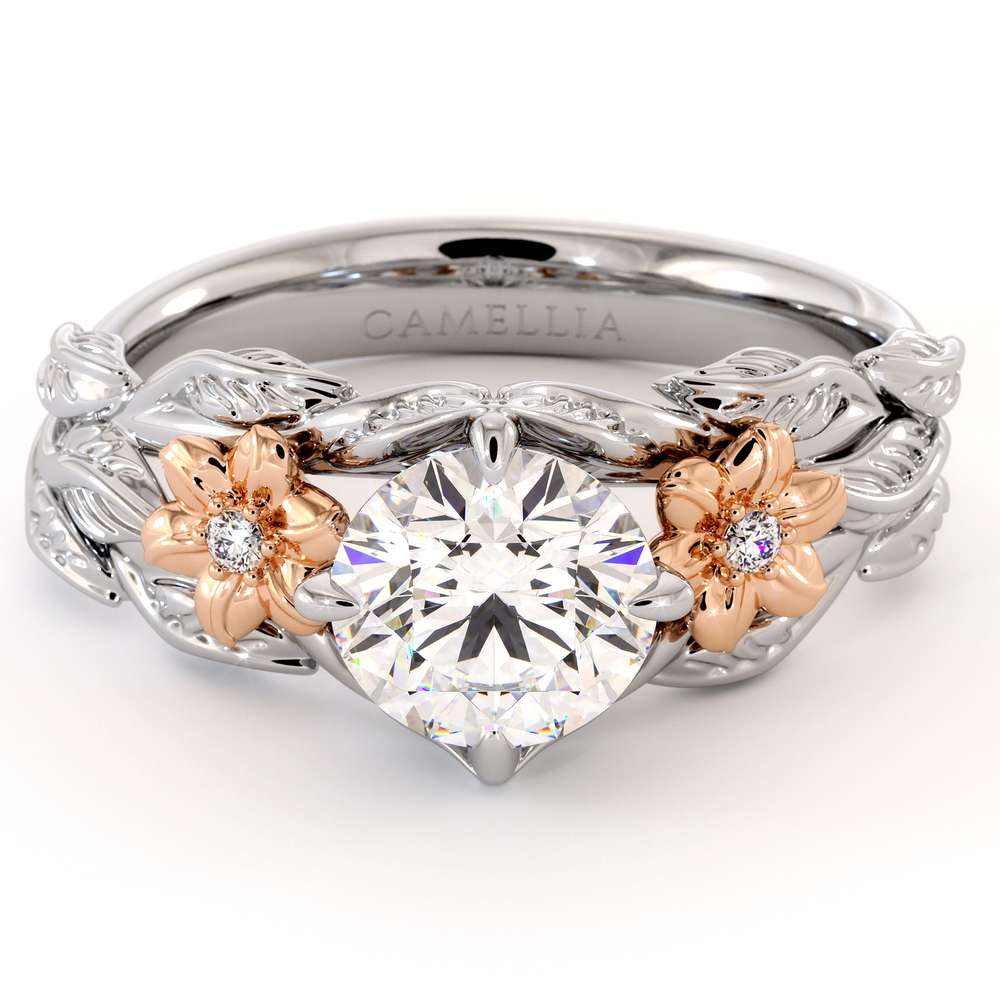 Moissanite Engagement Ring Unique Flower Ring 14K White & Rose Gold Ring Leaves Engagement Ring