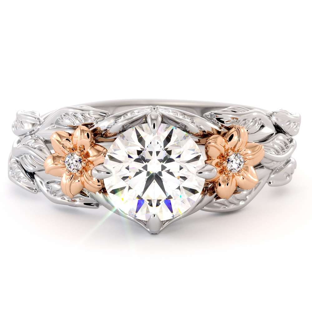 Moissanite Engagement Ring Unique Flower Ring 14K White & Rose Gold Ring Leaves Engagement Ring