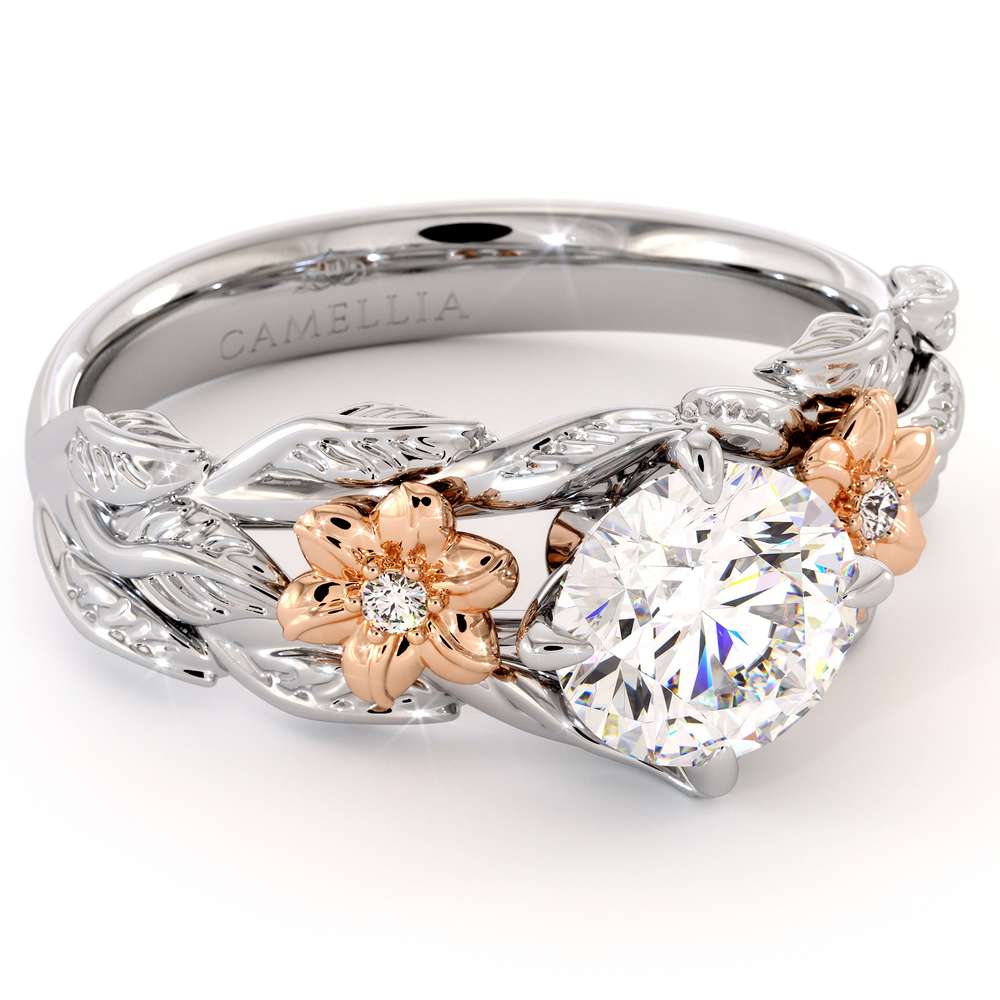Moissanite Engagement Ring Unique Flower Ring 14K White & Rose Gold Ring Leaves Engagement Ring