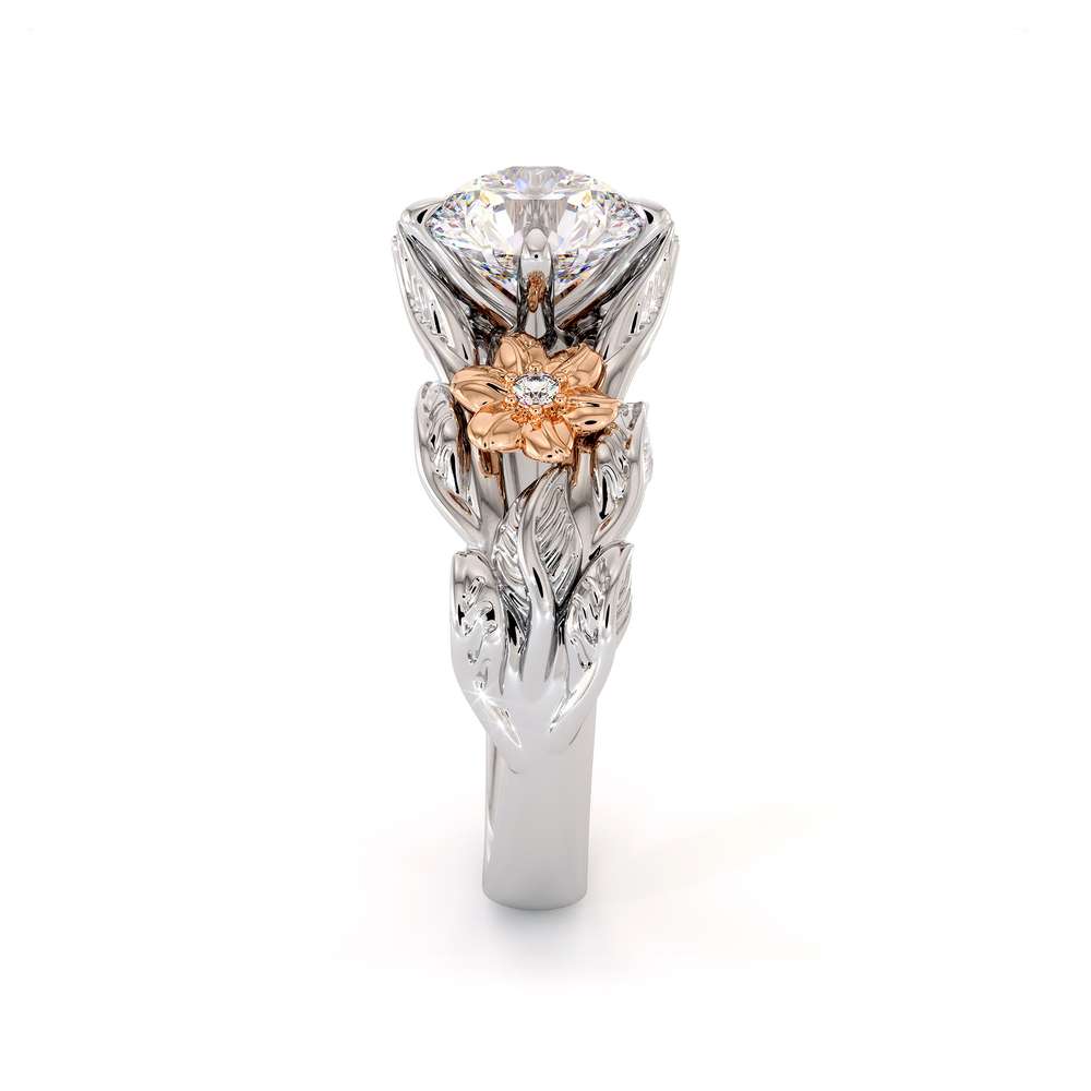 Moissanite Engagement Ring Unique Flower Ring 14K White & Rose Gold Ring Leaves Engagement Ring
