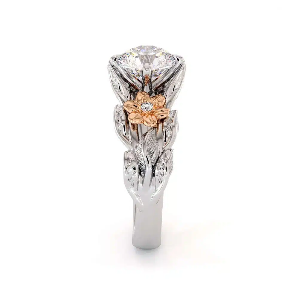 Moissanite Engagement Ring Unique Flower Ring 14K White & Rose Gold Ring Leaves Engagement Ring 2 Moissanite Engagement Ring Unique Flower Ring 14K White & Rose Gold Ring Leaves Engagement Ring