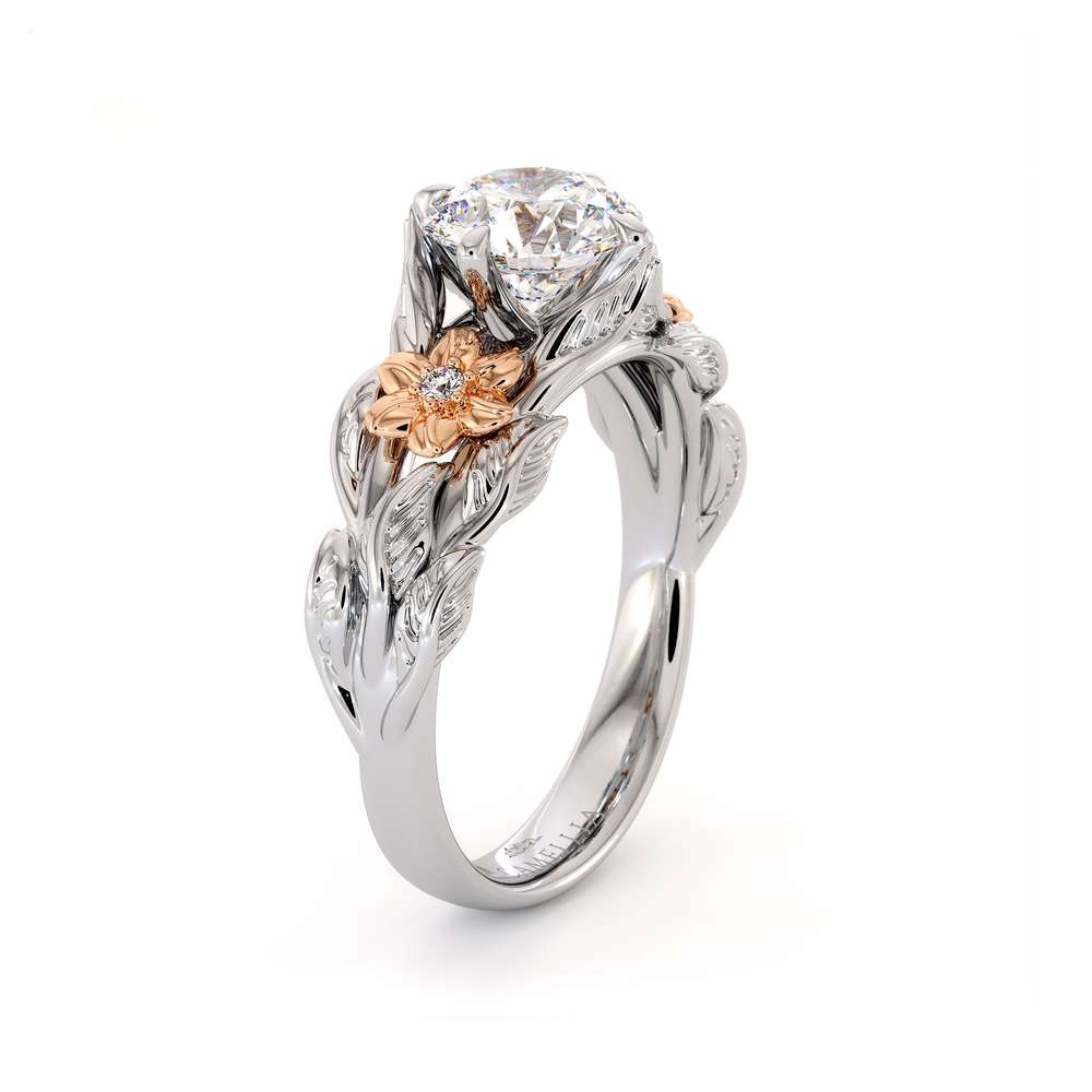 Moissanite Engagement Ring Unique Flower Ring 14K White & Rose Gold Ring Leaves Engagement Ring