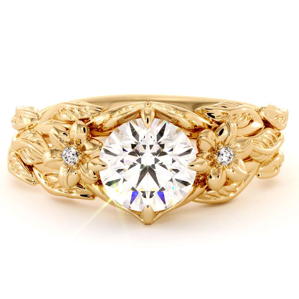 Unique Engagement Ring Moissanite Ring 14K Gold Ring Moissanite Engagement Ring Flower Leaves Engagement Ring