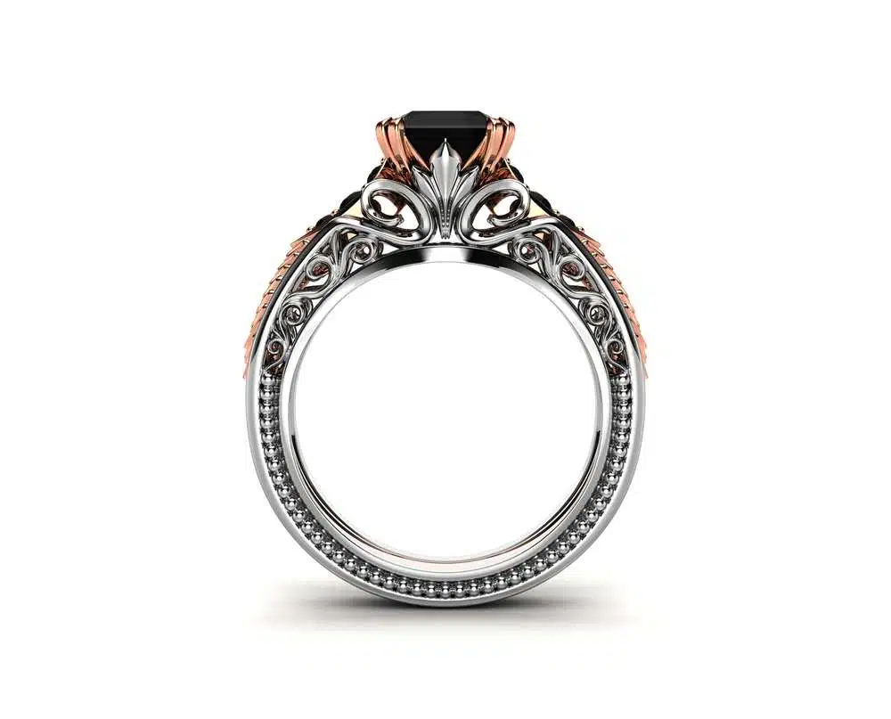 Unique Engagement Ring 14K Two Tone Gold Ring Edwardian Black Diamond Engagement Ring 4 Unique Engagement Ring 14K Two Tone Gold Ring Edwardian Black Diamond Engagement Ring