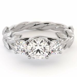 Floral Three Stone Engagement Ring Three Moissanite Ring White Gold Leaves 3 stone Wedding Ring