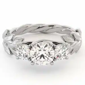 Floral Three Stone Engagement Ring Three Moissanite Ring White Gold Leaves 3 stone Wedding Ring