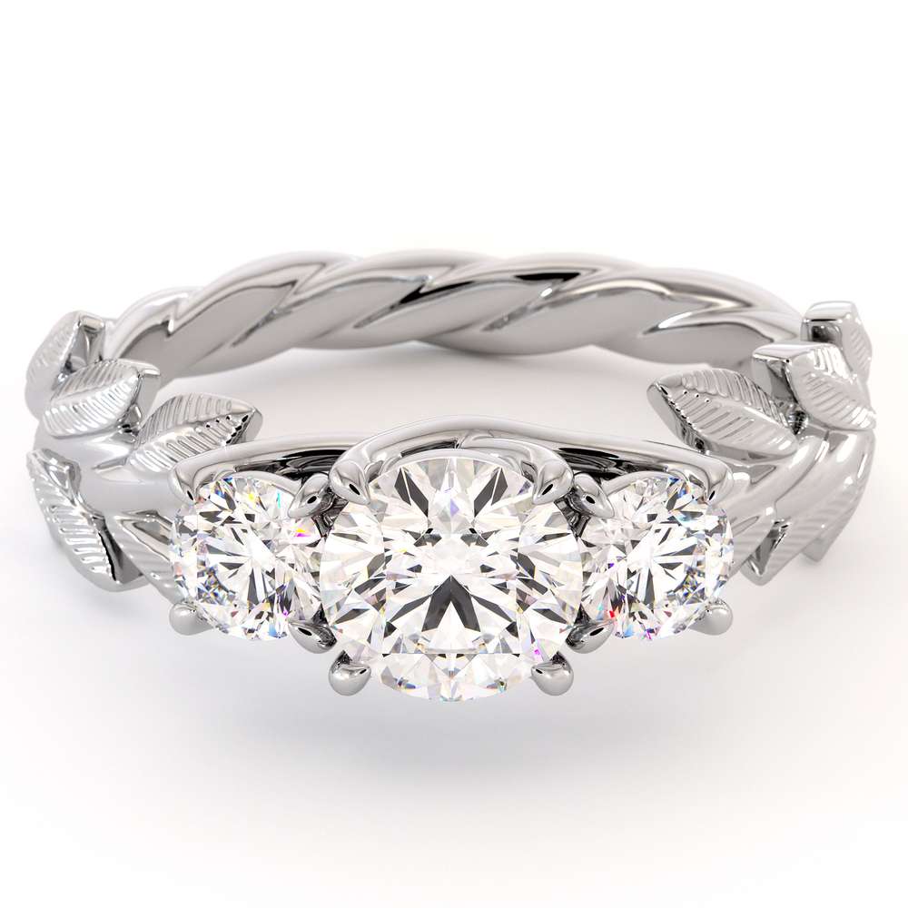 Floral Three Stone Engagement Ring Three Moissanite Ring White Gold Leaves 3 stone Wedding Ring 2 Floral Three Stone Engagement Ring Three Moissanite Ring White Gold Leaves 3 stone Wedding Ring