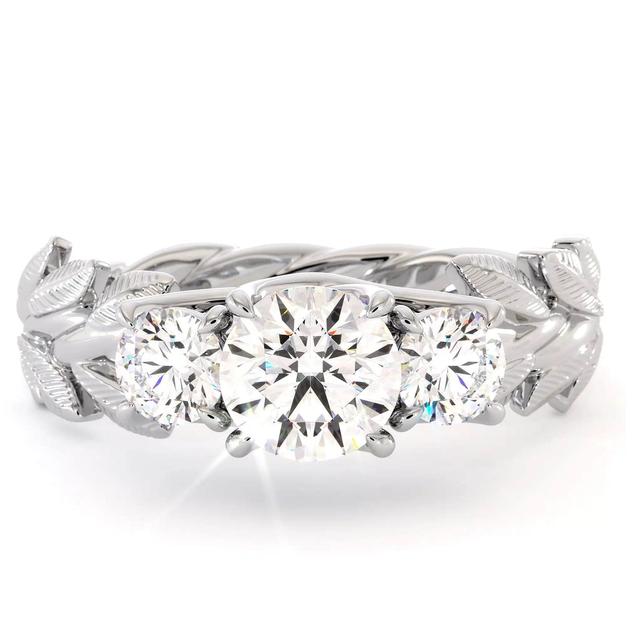 Floral Three Stone Engagement Ring Three Moissanite Ring White Gold Leaves 3 stone Wedding Ring 3 Floral Three Stone Engagement Ring Three Moissanite Ring White Gold Leaves 3 stone Wedding Ring