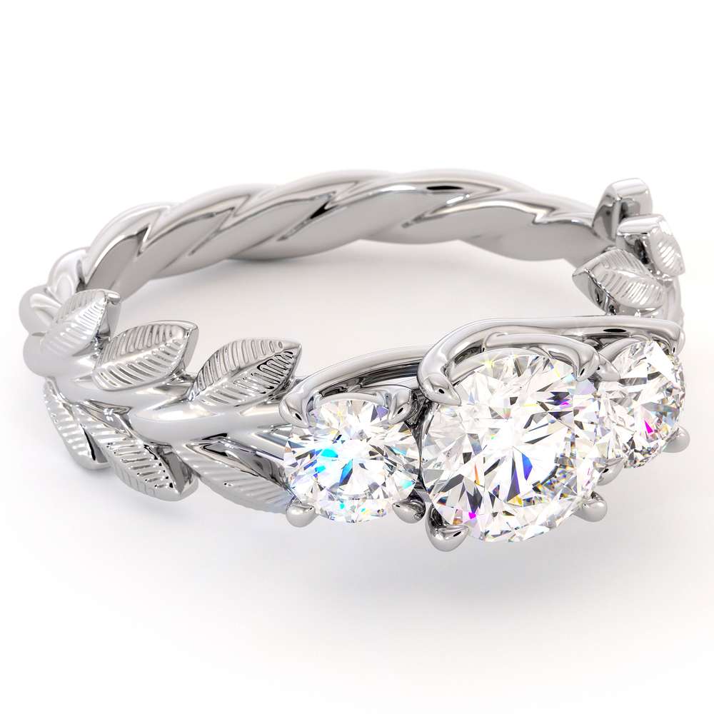Floral Three Stone Engagement Ring Three Moissanite Ring White Gold Leaves 3 stone Wedding Ring 1 Floral Three Stone Engagement Ring Three Moissanite Ring White Gold Leaves 3 stone Wedding Ring